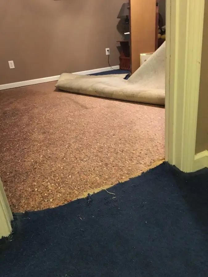 Carpet pad removal revealing water damage during Water Mitigation Services in Winchendon